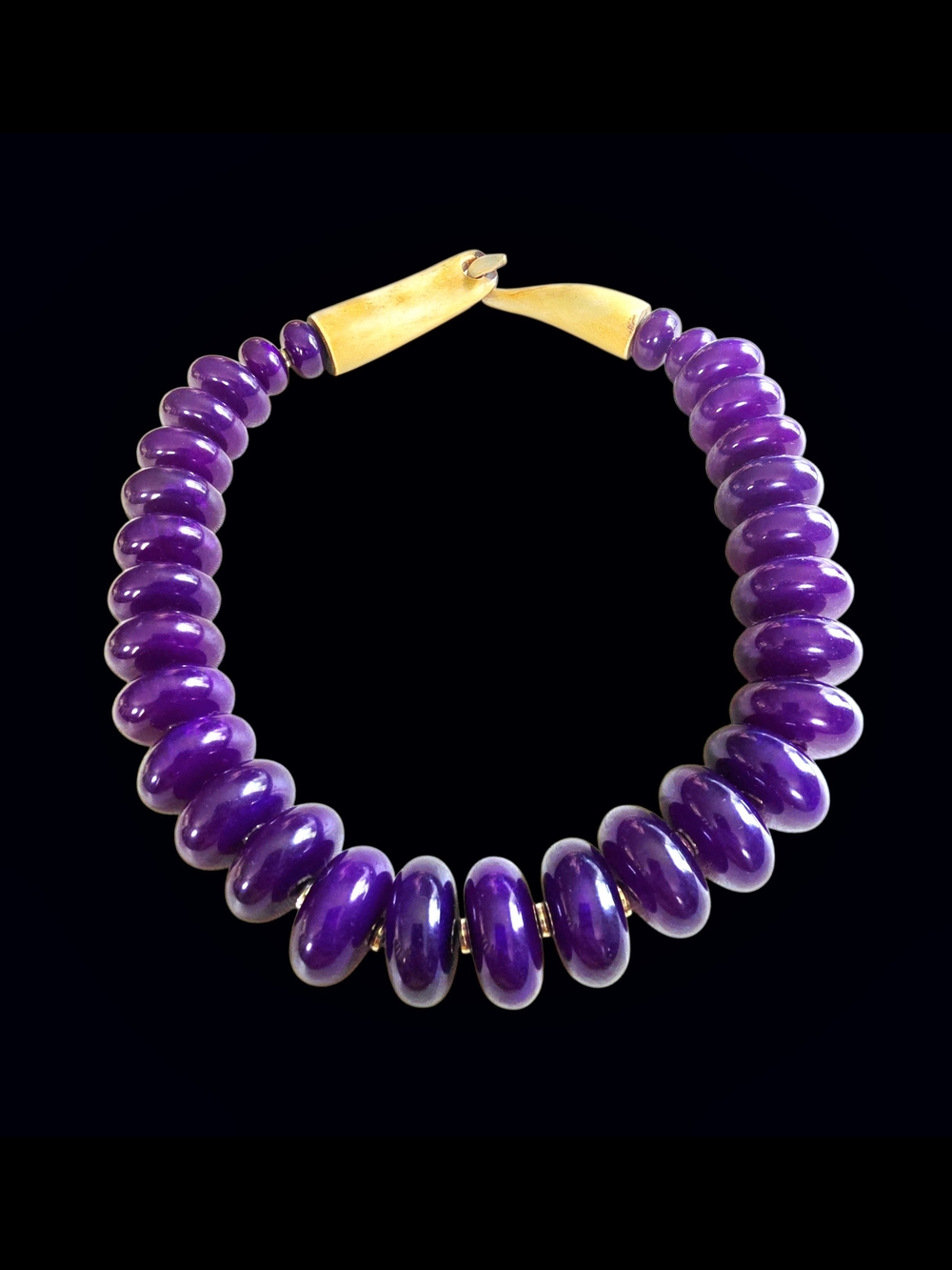 Chunky Purple Bead Statement Necklace Polished Wood Hook Closure